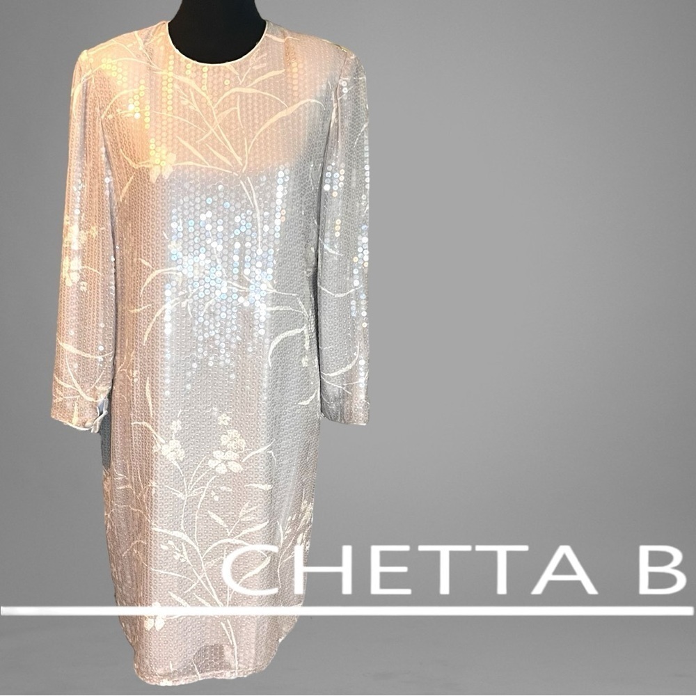 Chetta B Ivory Sequin Long Sleeve Dress